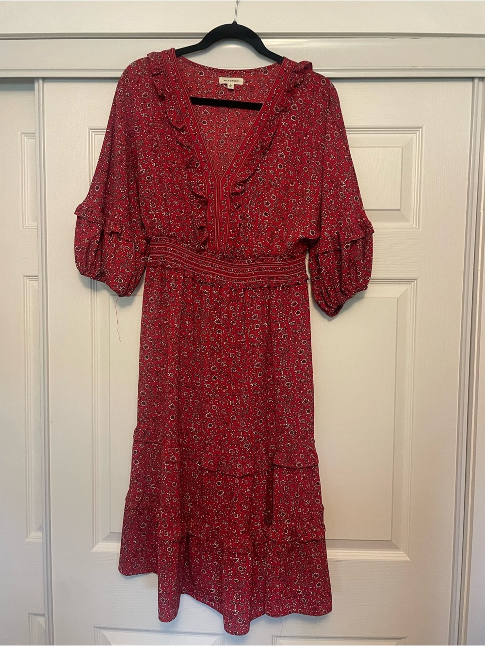 Max Studio Red Floral Ruffle-Trim Midi Dress